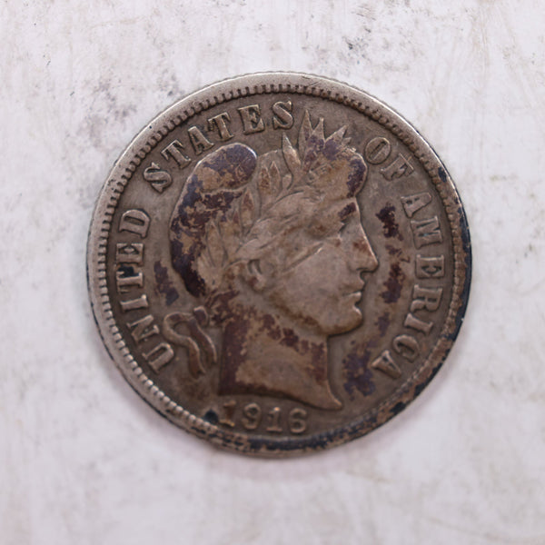 1916 Barber Silver Dime., Nice Fine, Circulated Coin., Store #DE0322.