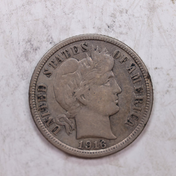 1916 Barber Silver Dime., Nice Very Fine, Circulated Coin., Store #DE0323.