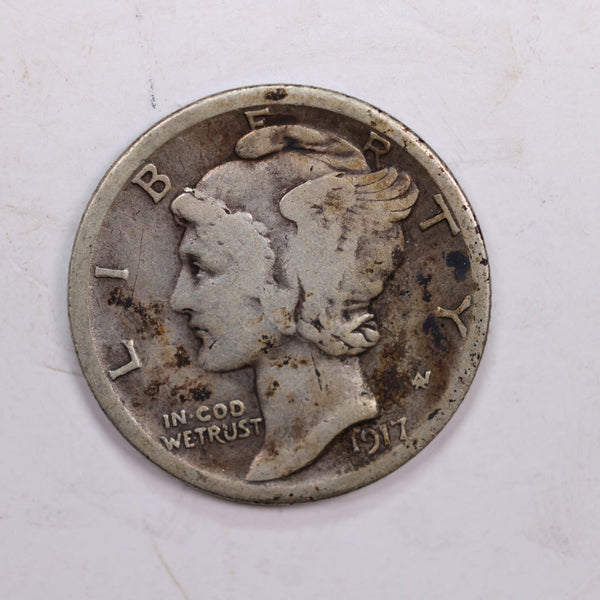 1917-S Mercury Silver Dime., Fine, Circulated Silver Dime., Store #DE0337.