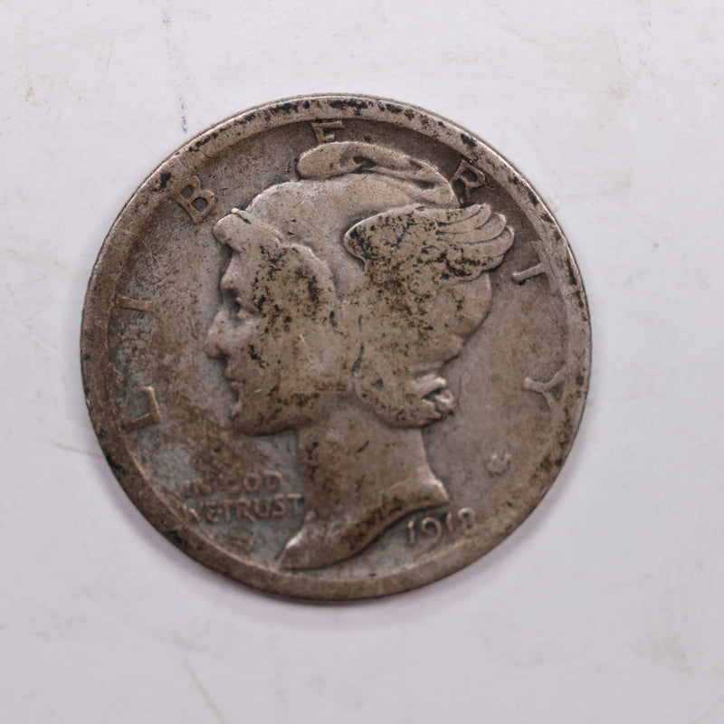 1918-S Mercury Silver Dime., Very Good, Circulated Silver Dime., Store