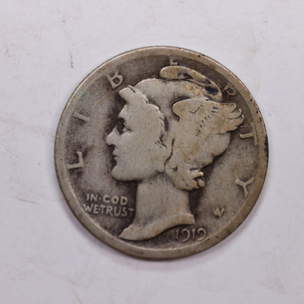 1919 Mercury Silver Dime., Very Good, Circulated Silver Dime., Store #DE0339.