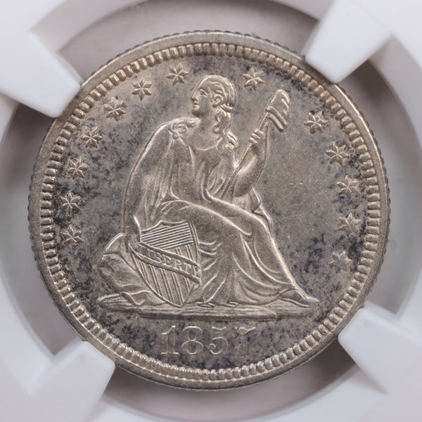 1857-O Seated Liberty Quarter., 'Scarce'., NGC AU-58 Coin., Store #GQR016
