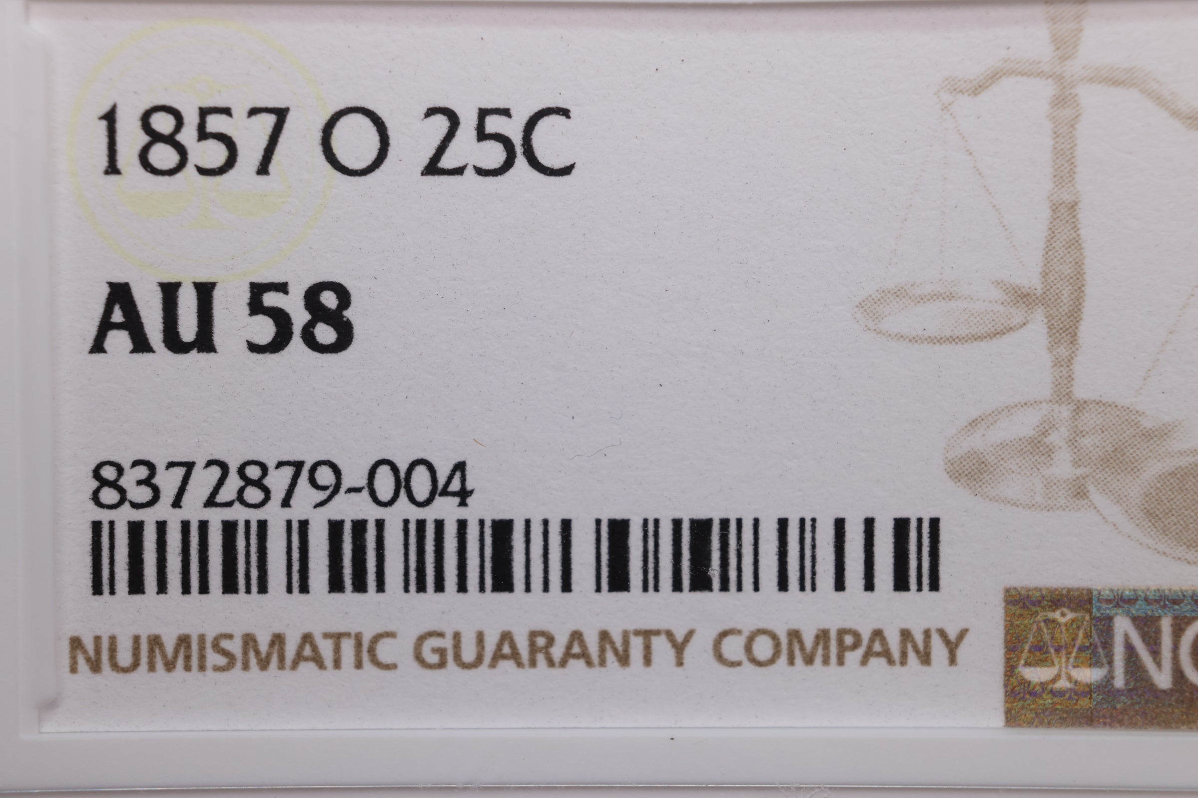 1857-O Seated Liberty Quarter., 'Scarce'., NGC AU-58 Coin., Store #GQR016