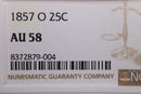 1857-O Seated Liberty Quarter., 'Scarce'., NGC AU-58 Coin., Store