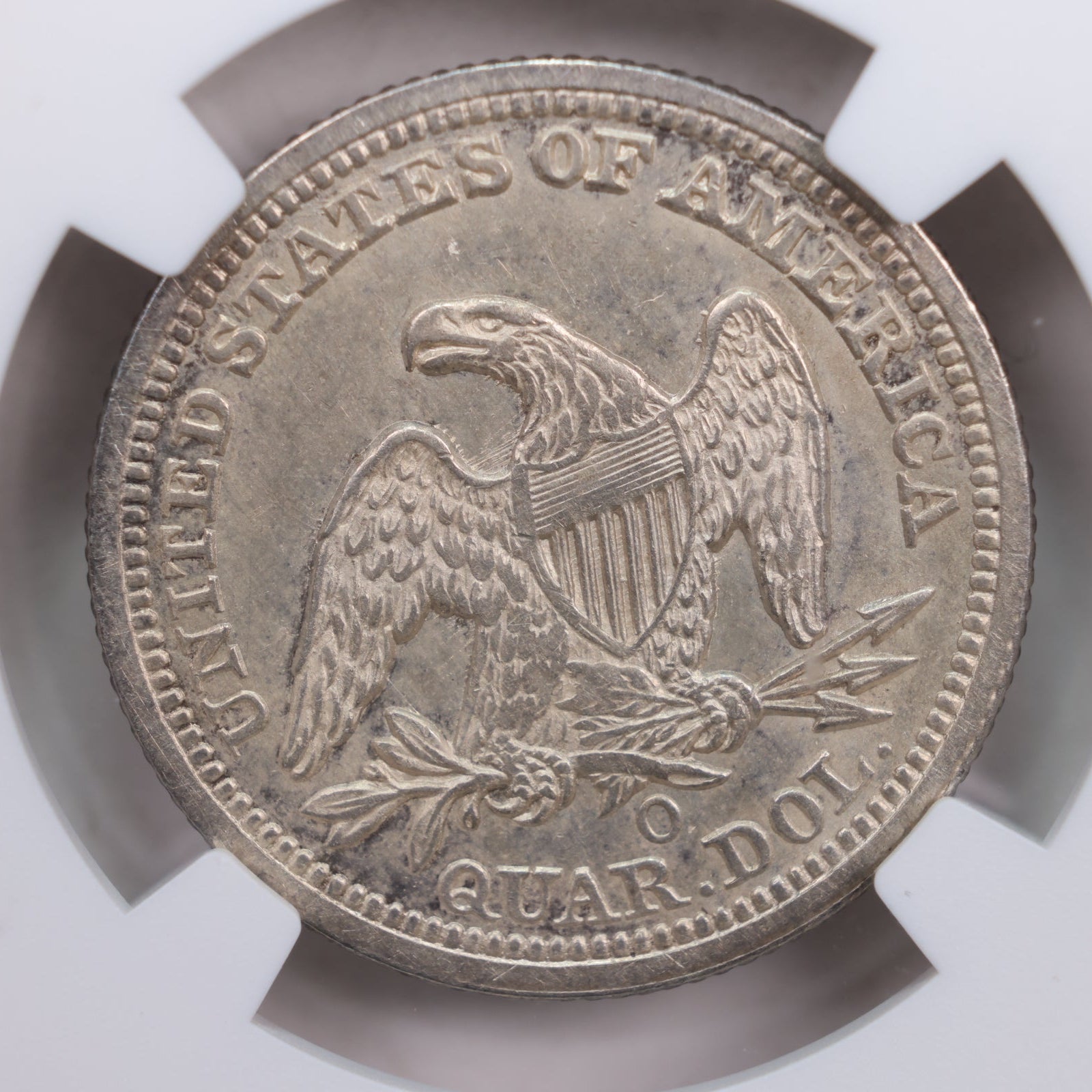 1857-O Seated Liberty Quarter., 'Scarce'., NGC AU-58 Coin., Store #GQR016