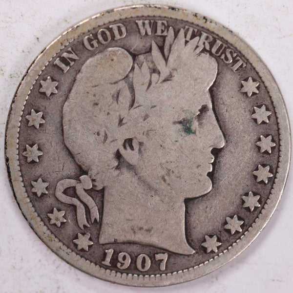 1907 Barber Half Dollar, Very Good Circulated Coin, Store #H907.01