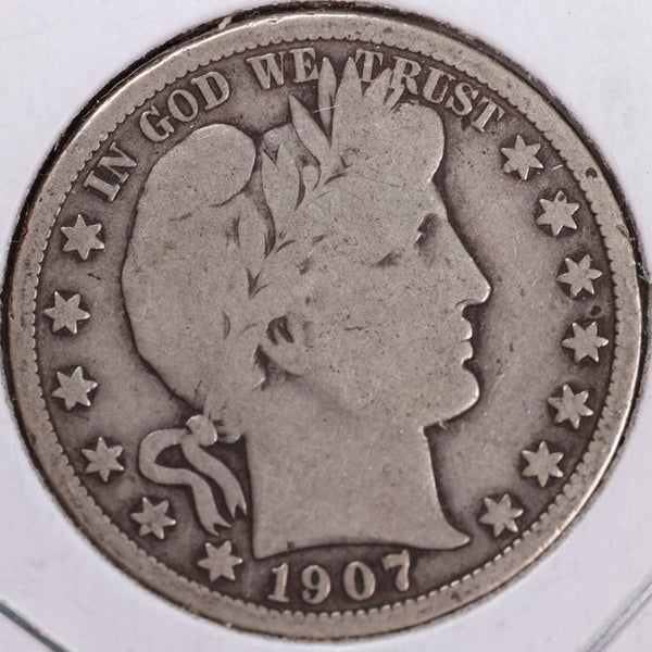 1907 Barber Half Dollar, Very Good Circulated Coin, Store #H907.02