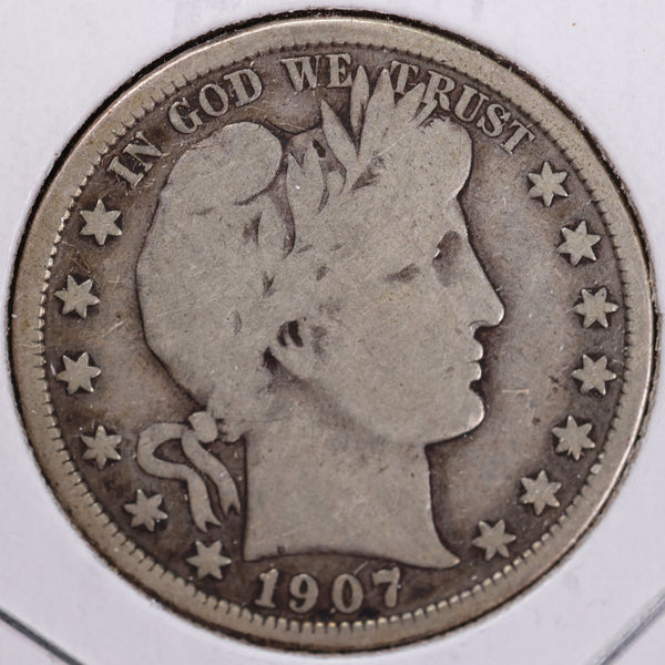 1907 Barber Half Dollar, Very Good Circulated Coin, Store #H907.03