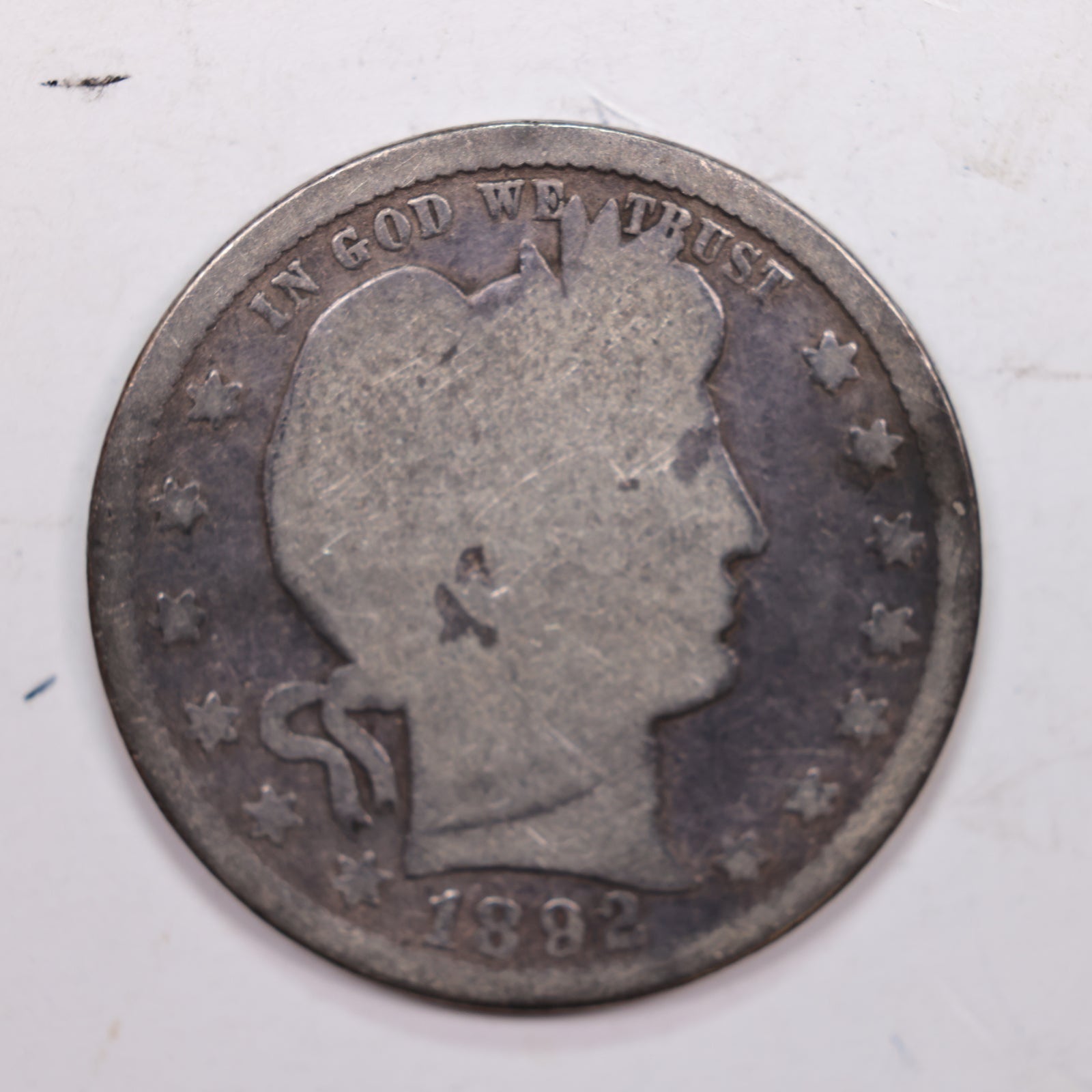 1892-S Barber Silver Quarter., Very Good Circulated Coin., Store #QR0253.