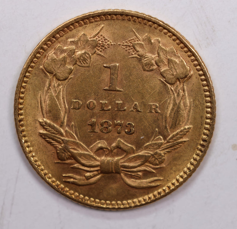 1873 Indian Princess Head Gold Dollar., About Uncirculated Coin., Store