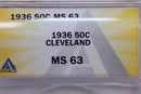 1936 Cleveland Commemorative Half Dollar., ANACS MS-63., Store