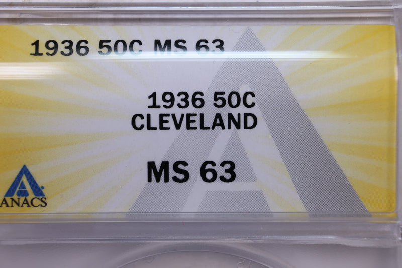 1936 Cleveland Commemorative Half Dollar., ANACS MS-63., Store