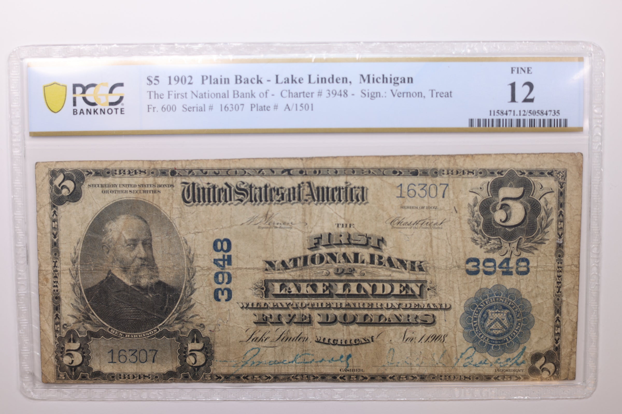1902 $5 Plain Back, National Currency, Lake Linden, MI., PCGS F-12., Store #LGNB016