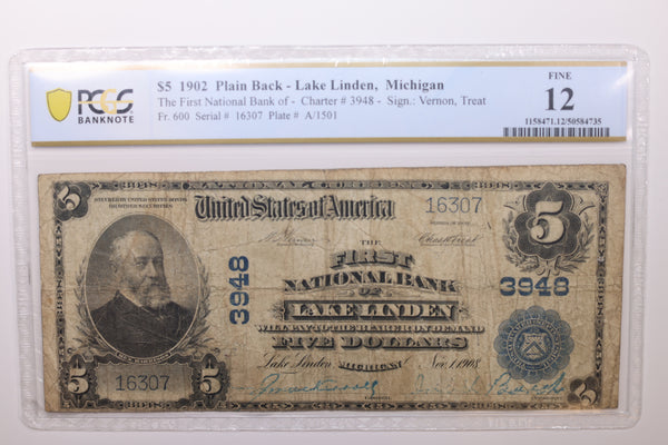 1902 $5 Plain Back, National Currency, Lake Linden, MI., PCGS F-12., Store #LGNB016