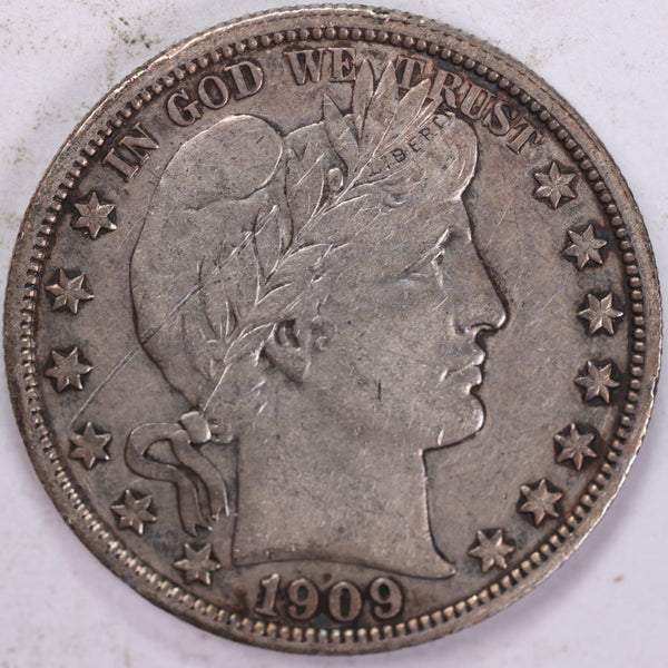 1909 Barber Half Dollar, Extra Fine, Circulated Coin, Reduced, Details - staple scratch obverse, Store #H909.01