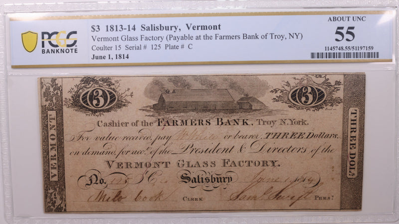 1814 $3 Salisbury Vermont., Obsolete., PCGS AU-55., Store