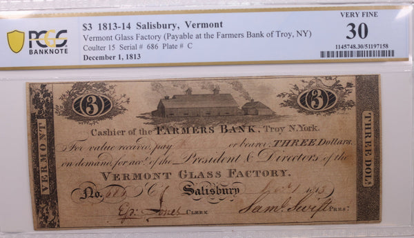 1813 $3 Salisbury Vermont., Obsolete., PCGS VF-30., Store #GOVE003.