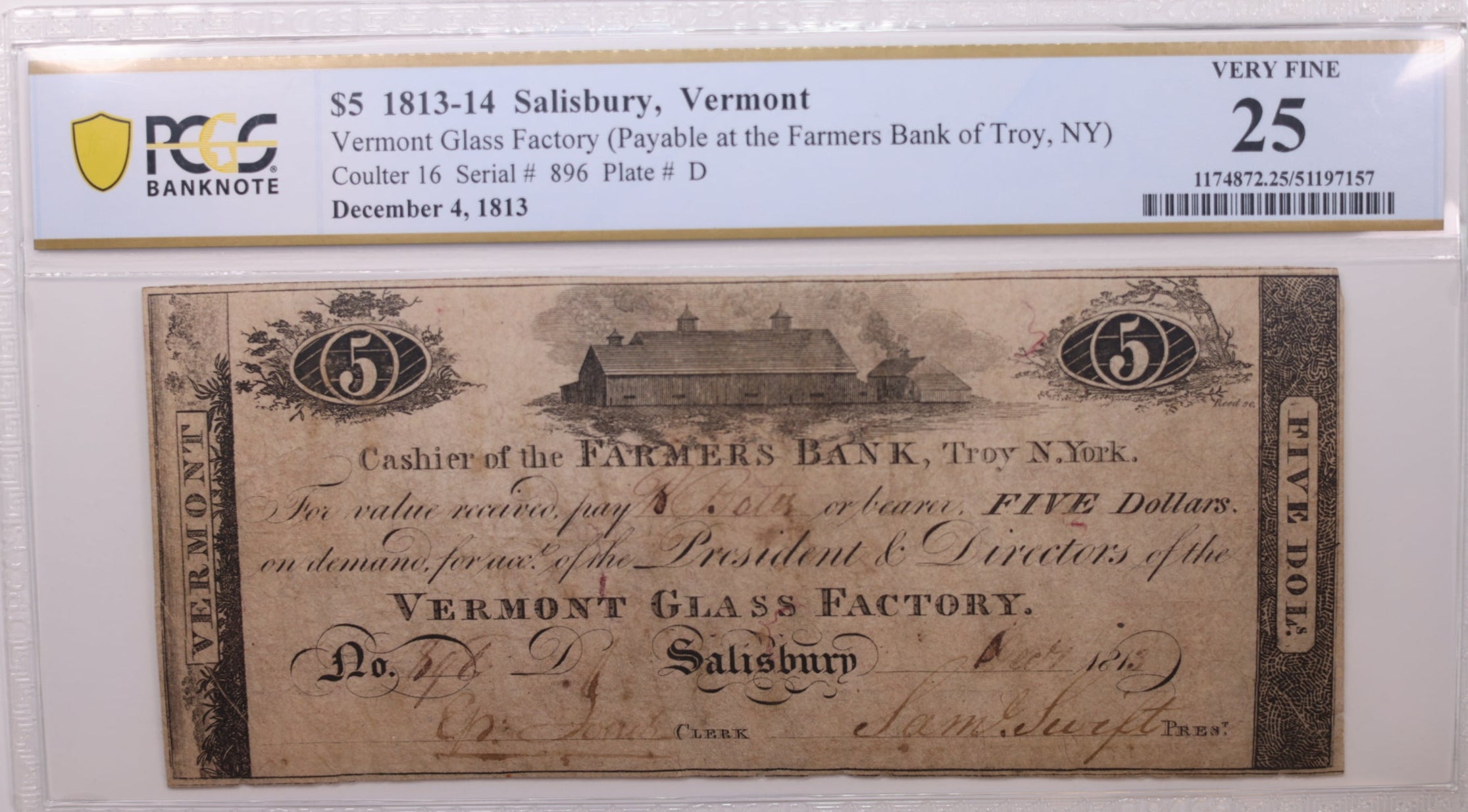 1813 $5 Salisbury Vermont., Obsolete., PCGS VF-25., Store #GOVE004.