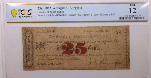 1862 25 Cents, Abingdon, VA., Obsolete., PCGS Fine-12., Store #GVA007.