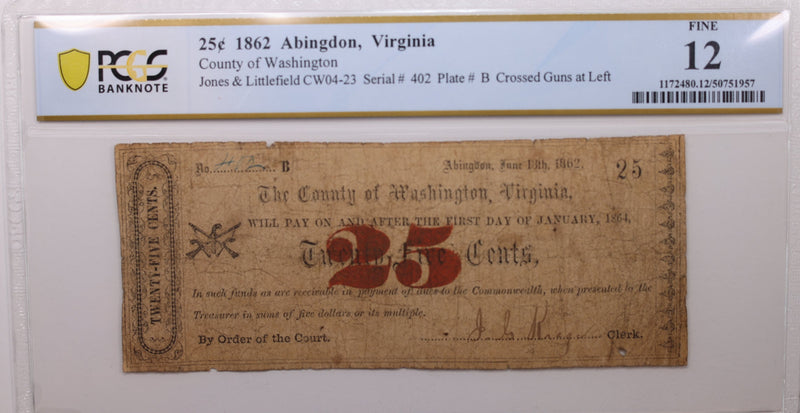 1862 25 Cents, Abingdon, VA., Obsolete., PCGS Fine-12., Store
