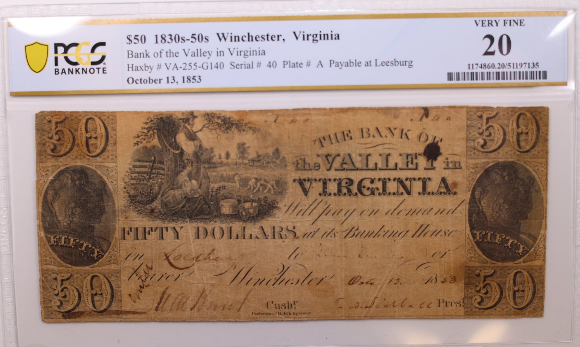 1853 $50 Winchester, Virginia., Obsolete., PCGS VF-20., Store #GVA009.