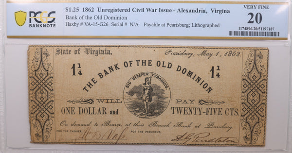 1862 $1.25, Civil War Issue., Alexandria, VA., Obsolete., PCGS VF-20, Store #GVA016.