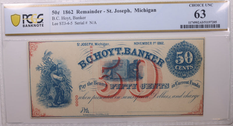 1862 50 Cent, St Joseph, MI., Obsolete Currency., PCGS MS-63., Store