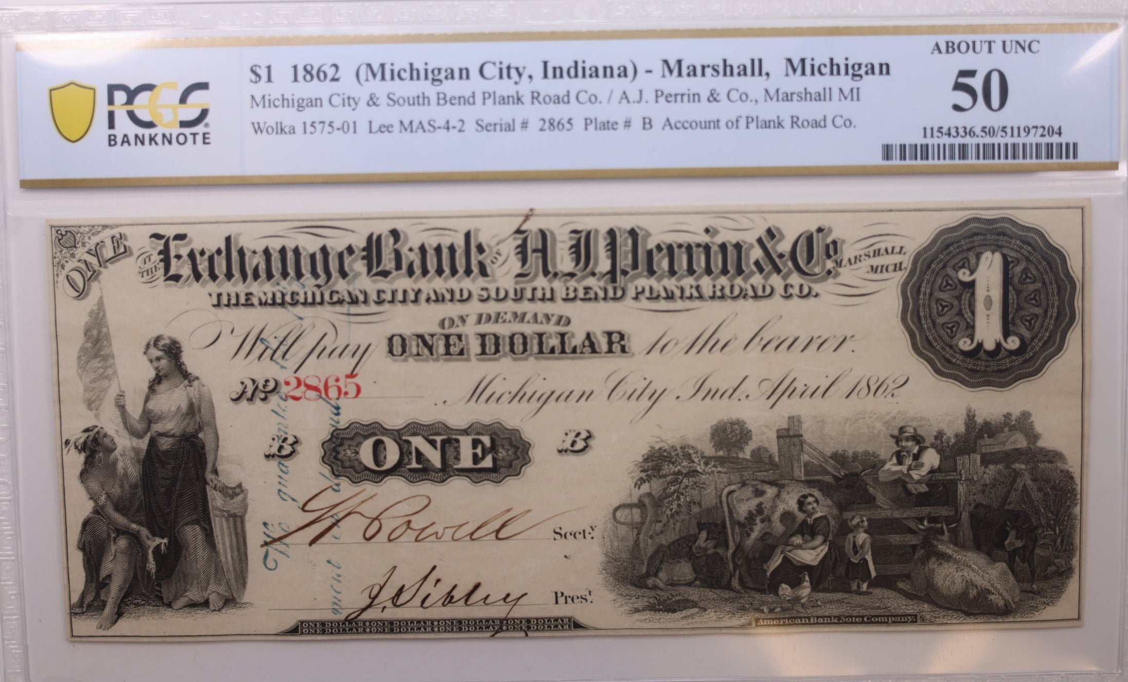 1862 $1, Marshall, MI., Obsolete Currency., PCGS AU-50., Store #GMI075.