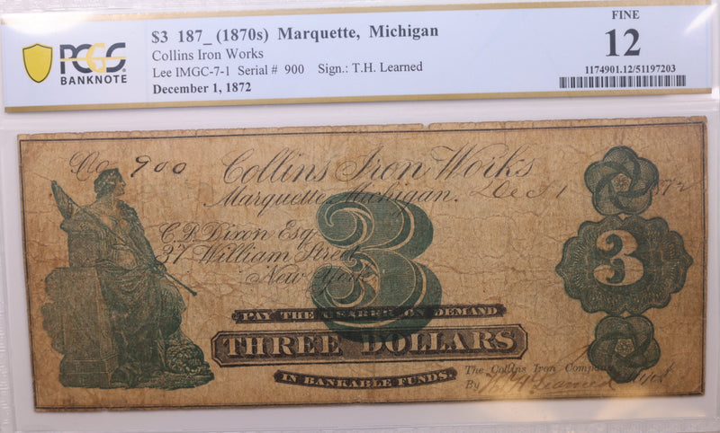 187_ $1 Marquette, MI., Obsolete Currency., PCGS Fine-12., Store