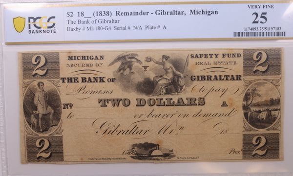 18__ $2 Gibraltar, MI., Obsolete Currency., PCGS VF-25., Store #GMI077.