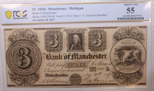 1837 $3, Manchester, MI., Obsolete Currency., PCGS AU-55., Store #GMI078.