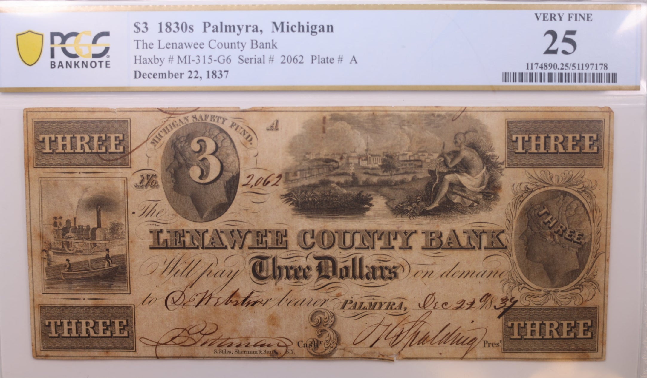 1837 $3, Palmyra, Michigan., Obsolete Currency., PCGS VF-25., Store #GMI079.
