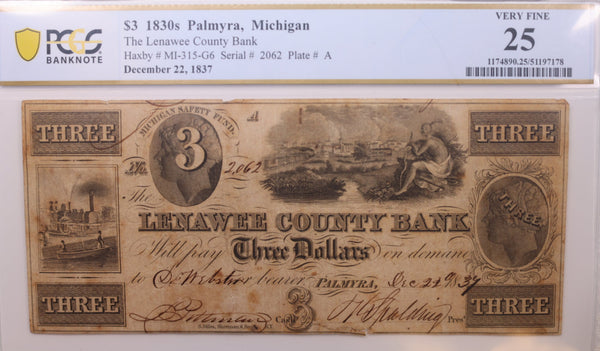 1837 $3, Palmyra, Michigan., Obsolete Currency., PCGS VF-25., Store #GMI079.