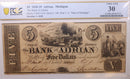 1838 $5, Adrian, Michigan., Obsolete Currency., PCGS VF-30., Store