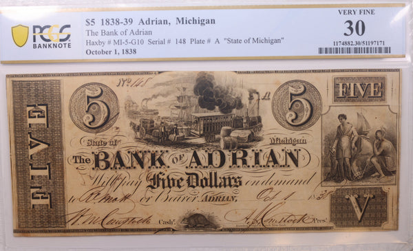 1838 $5, Adrian, Michigan., Obsolete Currency., PCGS VF-30., Store #GMI081.