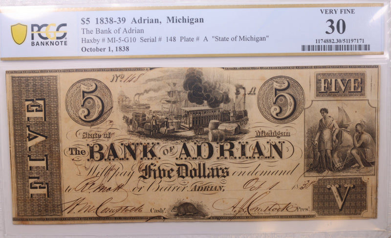1838 $5, Adrian, Michigan., Obsolete Currency., PCGS VF-30., Store