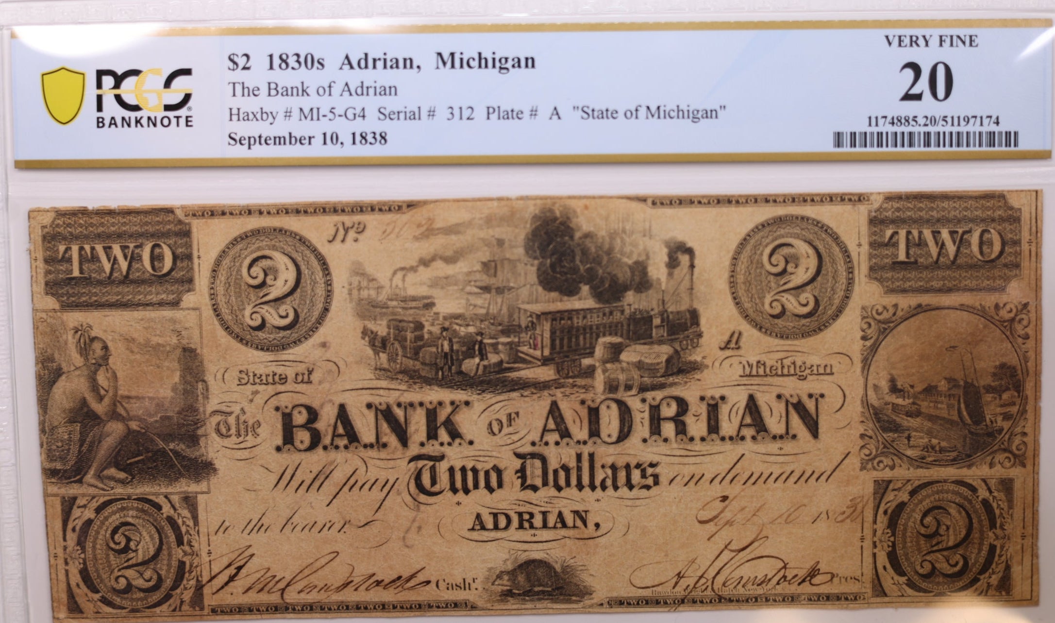 1838 $2, Adrian, Michigan., Obsolete Currency., PCGS VF-20., Store #GMI084.