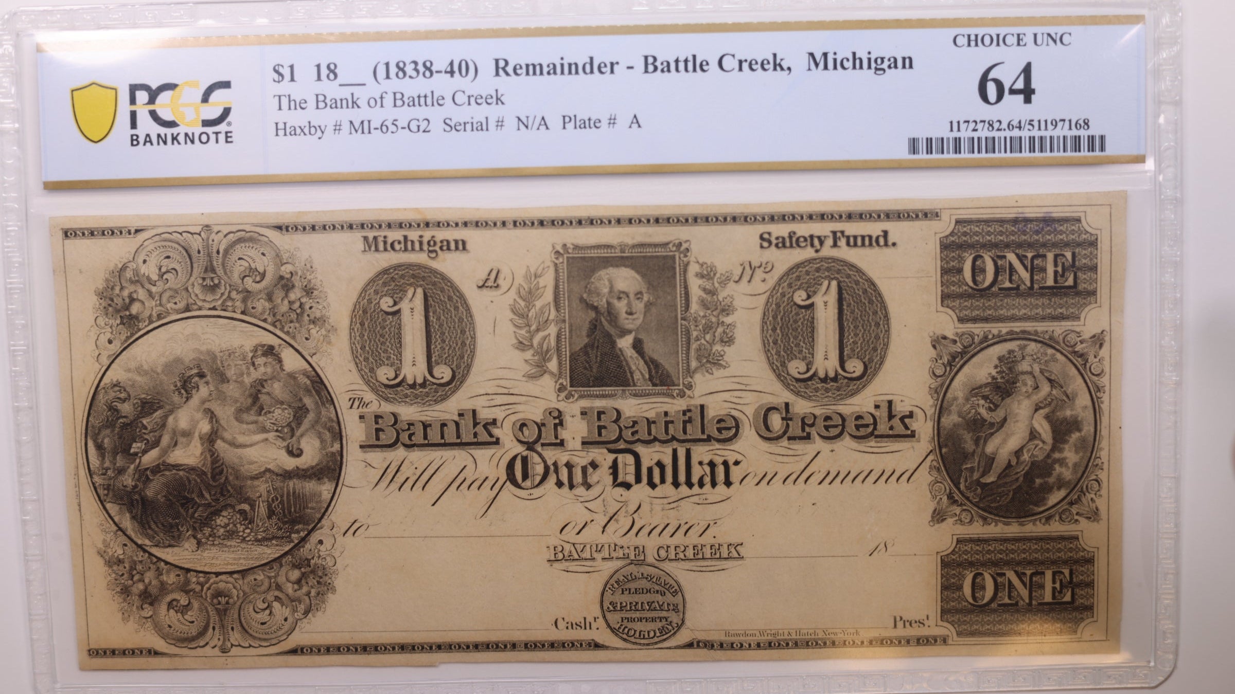 18__ $1, Battle Creek, MI., Obsolete Currency., PCGS CU-64., Store #GMI088.