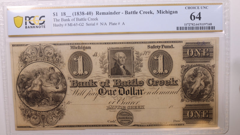 18__ $1, Battle Creek, MI., Obsolete Currency., PCGS CU-64., Store