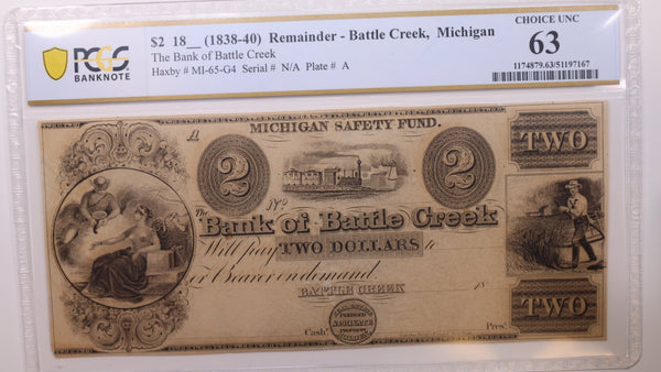18__ $2, Battle Creek, MI., Obsolete Currency., PCGS CU-63., Store #GMI089.