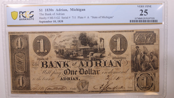 1838 $1, Adrian, Michigan., Obsolete Currency., PCGS VF-25., Store #GMI094.