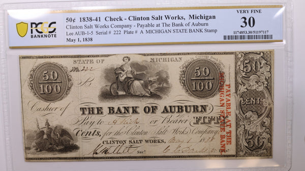 1838 50 Cent, Check, Clinton Salt Works, Michigan., PCGS VF-30., Store #GMI096.
