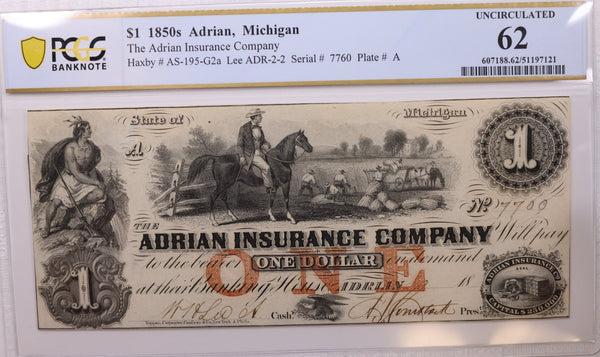 18__ $1, Adrian, Michigan., PCGS CU-62., Store #GMI098.