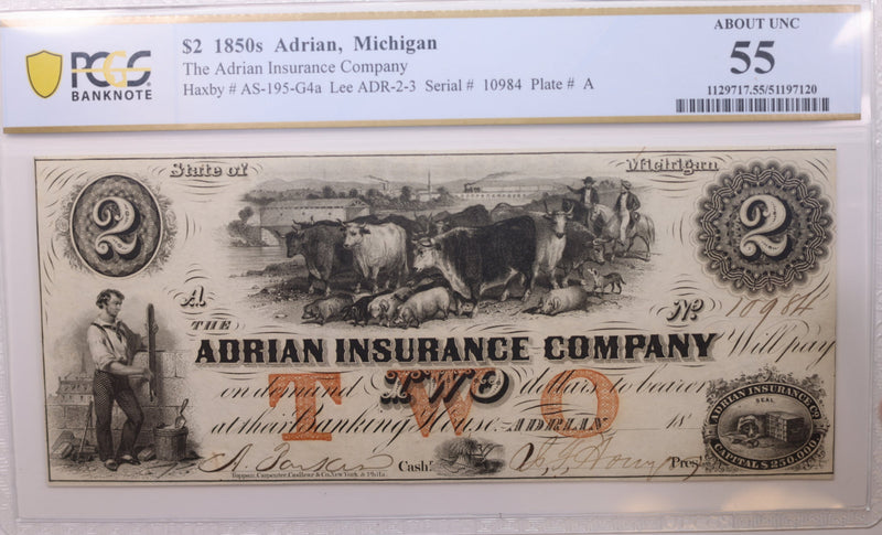 18__ $2, Adrian, Michigan., Obsolete Currency., PCGS AU-55., Store