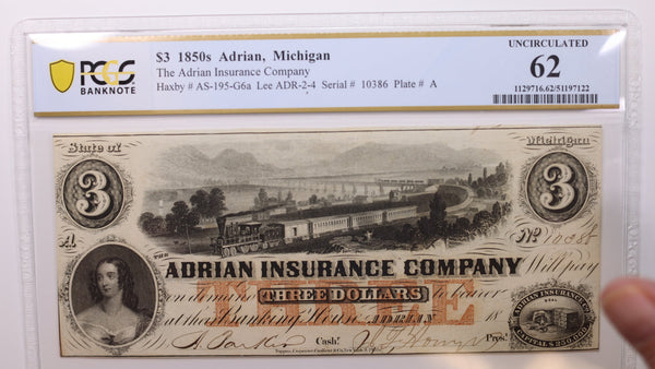18__ $3, Adrian, Michigan., Obsolete Currency., PCGS CU-62., Store #GMI0100.