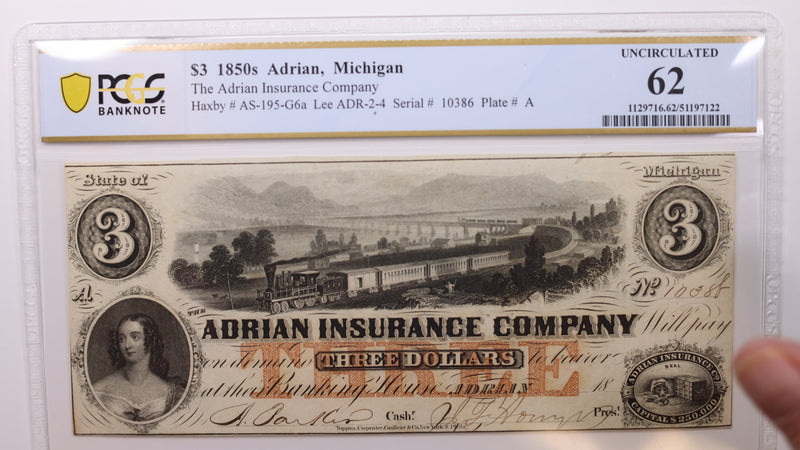 18__ $3, Adrian, Michigan., Obsolete Currency., PCGS CU-62., Store