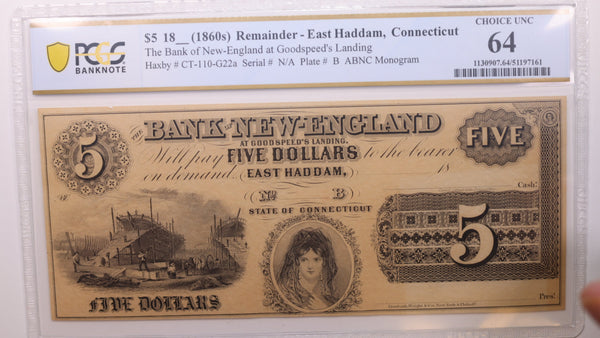18__ $5, East Haddam, Connecticut, Obsolete., PCGS CU-64., Store #GCON001