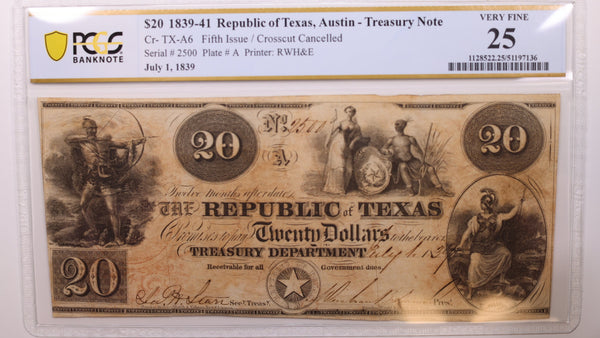 1839 $20, Republic of Texas-Treasury Note., PCGS VF-25., Store #GTX003