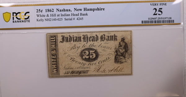 1862 25 Cents., Nashua, New Hampshire., PCGS VF-25., Store #GNH001
