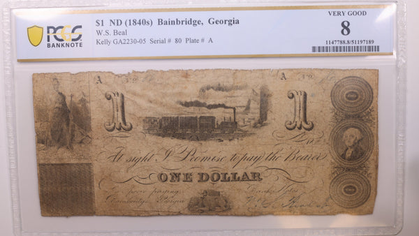 1844 $1, Bainbridge, Georgia, Obsolete Currency., PCGS VG-8., Store #GGA002.